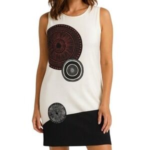 Desigual Sally White Circle Print Mini Sleeveless Shift Stretch Sheath Dress L